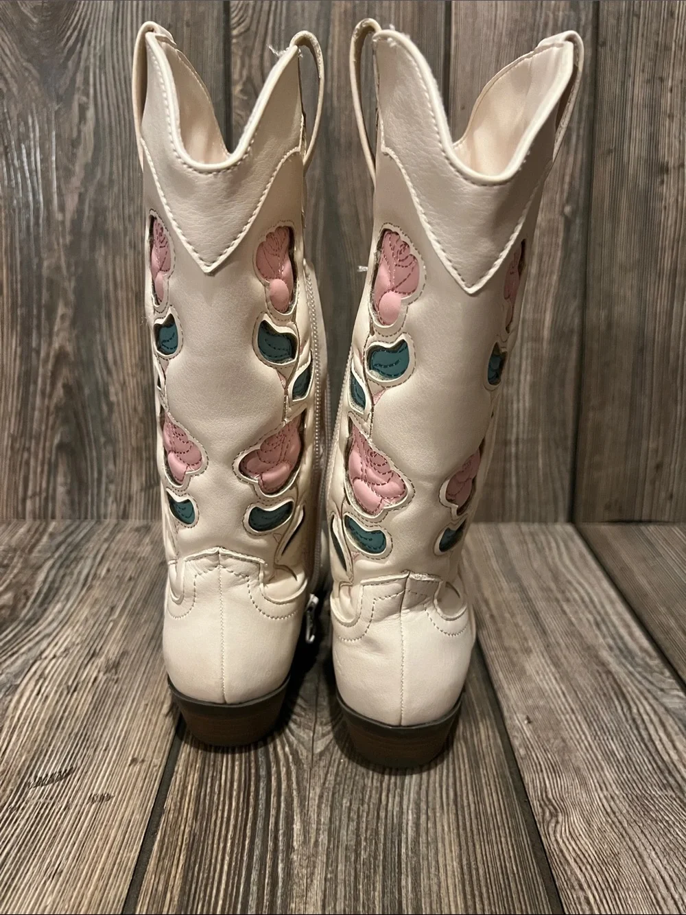 Source Unknown Cream Kids Western Boots with Pink & Teal Floral Appliqué